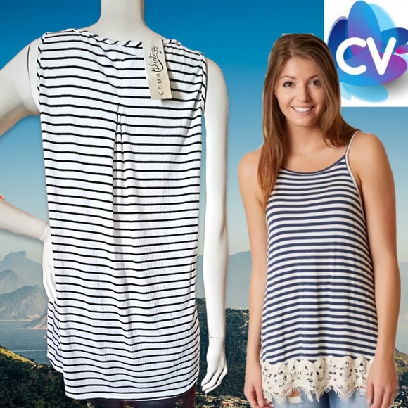 UO New w/Tags Ribbed Black White Striped Tank Top Crocheted Lace Trim XL 14/16 - Picture 3 of 5